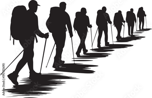 Group of hikers with backpacks and trekking poles walking in a line