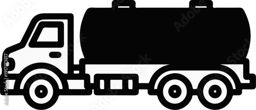 A black and white icon depicting a fuel truck with a large cylindrical tank