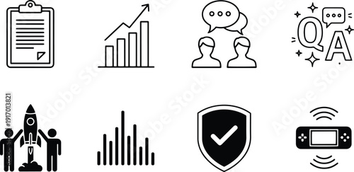 A set of vector line art icons depicting business and technology concepts in silhouette mode
