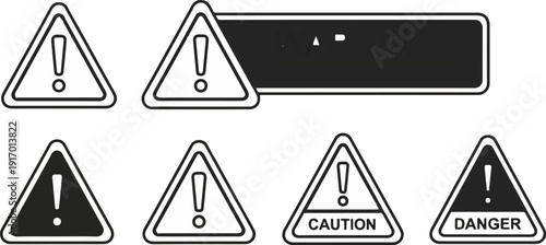 Collection of warning signs exclamation marks in triangles, caution, and danger