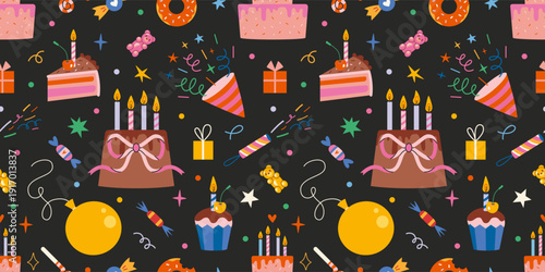 Festive Seamless pattern with birthday celebration elements like cake, candles, gifts, balloons and party decorations. Trendy modern vector illustration on black background, hand drawn, flat design