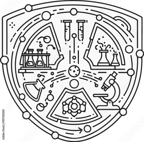 Intricate circular design featuring scientific equipment and molecular structures