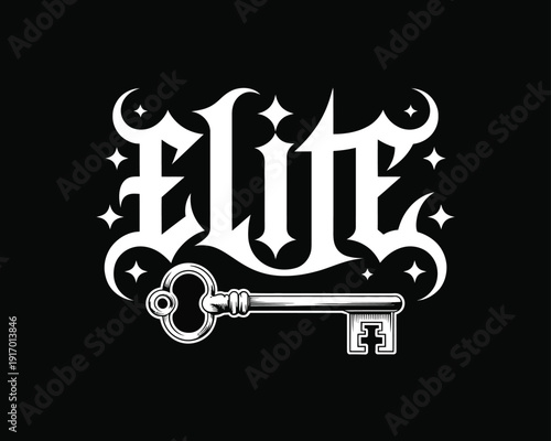Elegant key logo with the word elite surrounded by stars and crescent moons isolated on white background, Vector, illustration