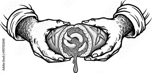 Hands cradling a halved fruit, juice dripping