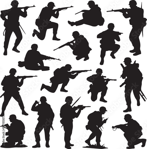 Large collection of various military soldier silhouettes in combat action poses