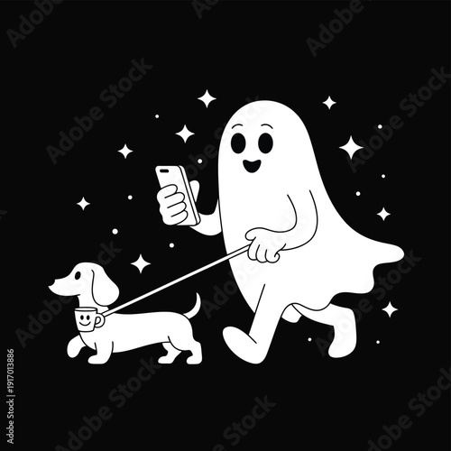 A ghostly figure walks a dachshund while using a smartphone under a starry night sky. isolated on white background, Vector, illustration