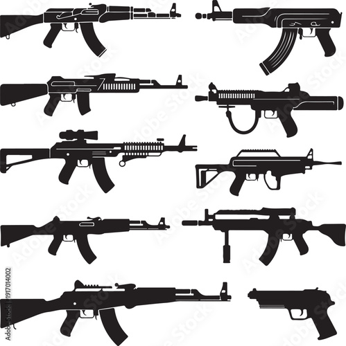 Multiple black silhouette illustrations showcase various rifle designs and a handgun against a white background