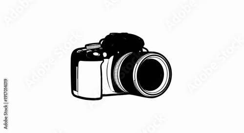 A black and white illustration of a modern digital camera