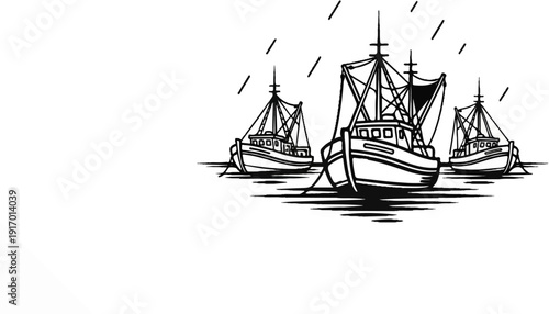 Three boats sail in the rain