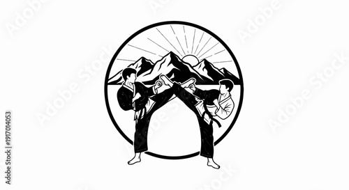 Two martial artists in uniform perform kicks within a circular emblem of mountains and sun
