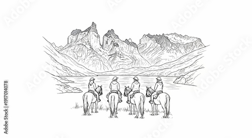Four riders on horseback gaze at a majestic mountain range by a serene lake