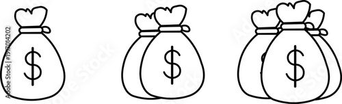 Minimal money bag icon set in simple black line style. Clean vector illustration isolated on white background. Suitable for finance, investment, savings, banking and business concepts.
