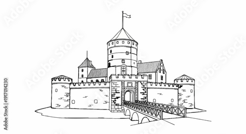 A detailed ink sketch of a large medieval castle with a drawbridge over a moat
