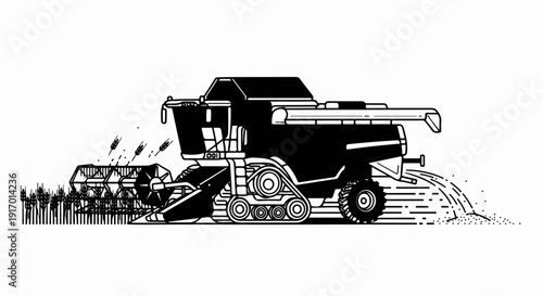 Agricultural combine harvester cuts through a field of wheat, collecting grain