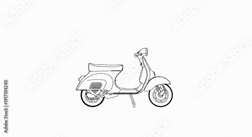A black and white line drawing of a vintage scooter