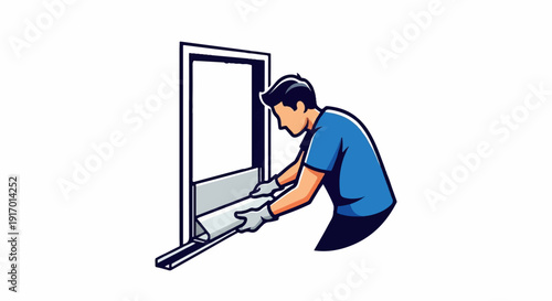 Manual laborer installing a window frame, cartoon style