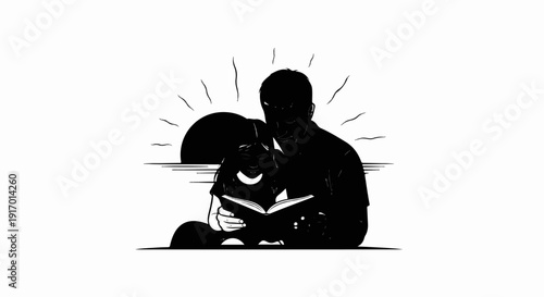 Father and child reading a book by the sunset