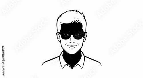 A black and white cartoon portrait of a person wearing dark sunglasses