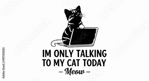 A black and white graphic of a cat typing on a laptop, with text below