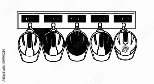 Five safety helmets are hung on a rack above which are labels with text