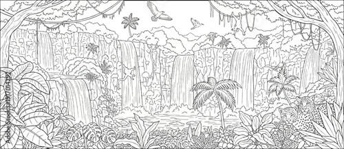 Lush jungle scene with cascading waterfalls, exotic plants, and wildlife