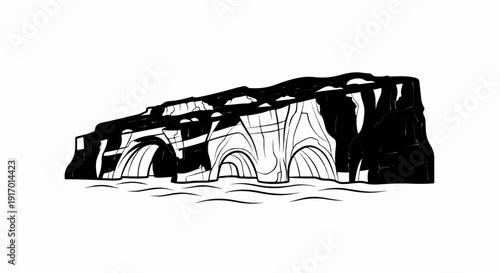 Stylized drawing of dark rock formations with arched openings against wavy water