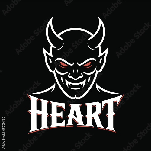 A striking logo featuring a devil's face with red eyes and the word heart beneath it isolated on white background, Vector, illustration