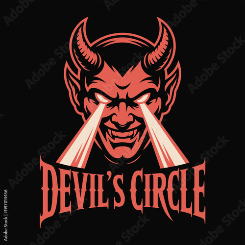 Eerie depiction of a devil's face with horns and fiery eyes, labeled devil's circle isolated on white background, Vector, illustration