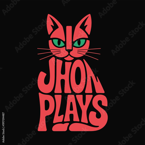 A striking logo featuring a cat's face with the text jhon plays written in a stylized font isolated on white background, Vector, illustration