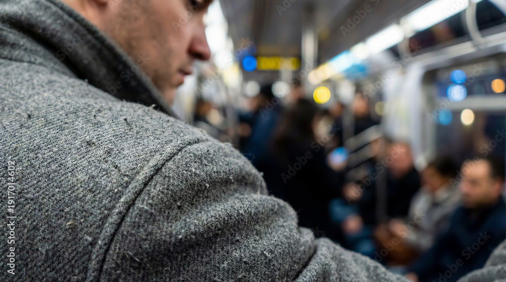 Obraz premium Sad man in a grey coat riding a subway car feeling lonely