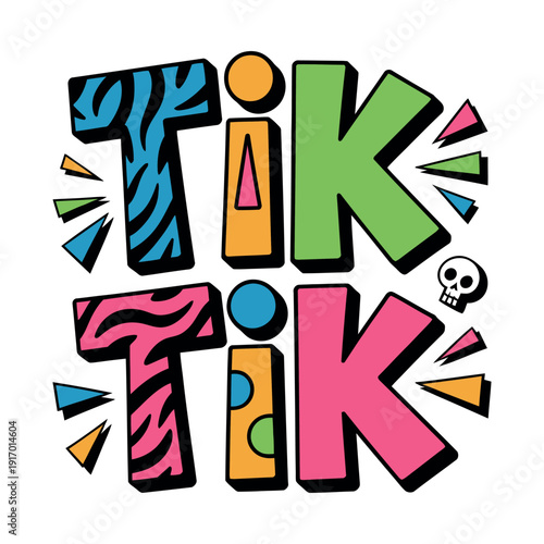 A colorful and playful graphic design featuring the Tik Tik logo with a skull and vibrant patterns