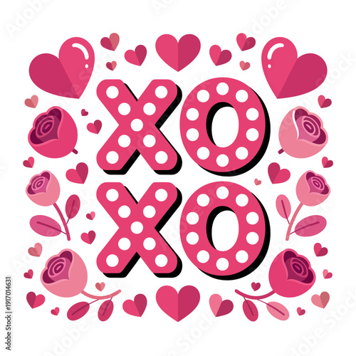 A cute Valentine's Day graphic with pink hearts and roses surrounding the letters XO.