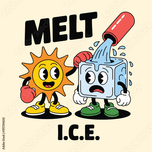 Sun and ice cube characters illustrating the concept of melting ice isolated on white background, Vector, illustration