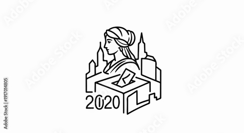 Symbolic representation of democracy and voting with a female figure and ballot box