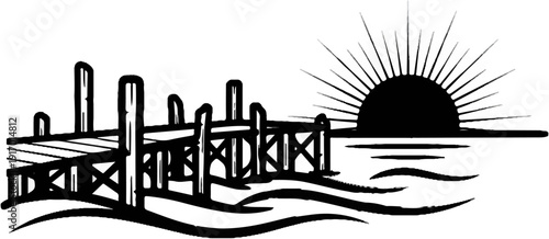 Black and white drawing of a dock and rising sun over water