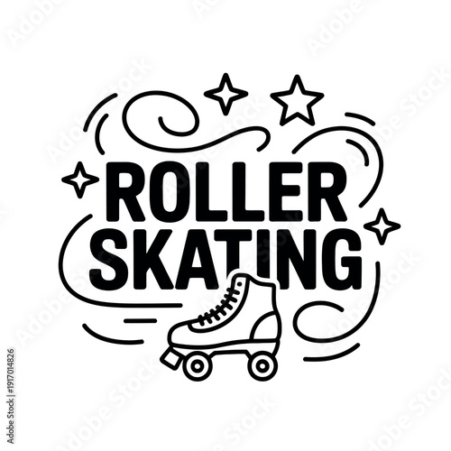 A black and white illustration of a roller skate with the words 'roller skating' surrounded by stars and swirls.