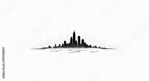 Minimalist black and white silhouette of a sprawling city skyline