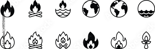 A set of vector line art illustrations featuring fire and earth elements in silhouette mode