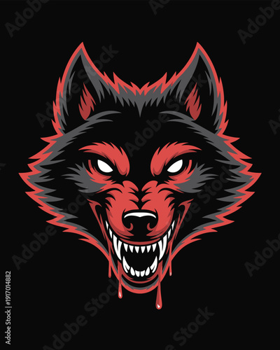 A fierce and intimidating wolf with glowing red eyes and sharp teeth. isolated on white background, Vector, illustration