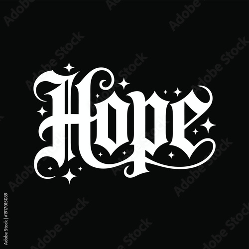 A stylized word 'hope' with stars and elegant, intricate lettering on a black background isolated on white background, Vector, illustration