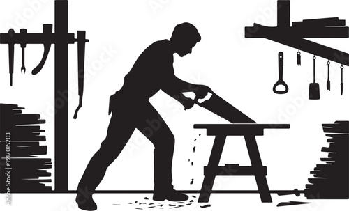 Black silhouette of man planing wood on workbench in workshop