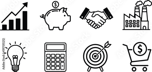 A set of vector line art icons depicting business and finance concepts in silhouette mode