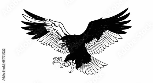 Black and white illustration of a powerful eagle with wings spread wide, attacking