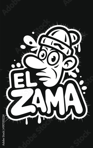 A stylized graffiti portrait of a character with the text el zama underneath isolated on white background, Vector, illustration