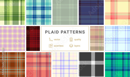Plaid pattern collection for digital fashion projects. Works for mockups, downloadable patterns, and digital textile previews. Vector adaptability ensures compatibility.
