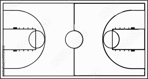 Overhead view of a simplified basketball court with key markings