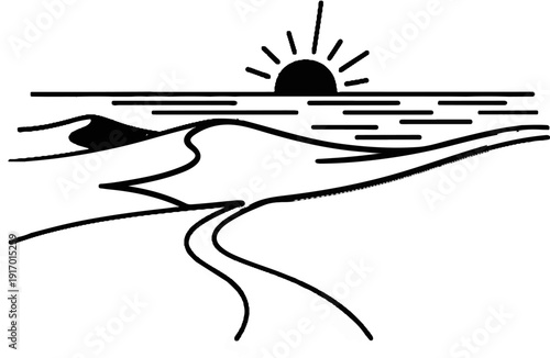 Stylized desert dunes and wavy water under a bright sun