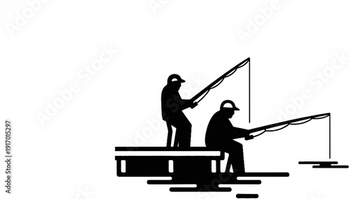 Two silhouettes of men fishing from a dock on a white background