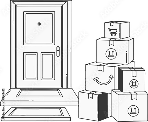 A lined illustration of a door with packages stacked beside it on the porch