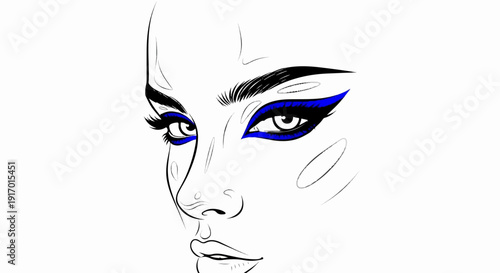 Stylized facial sketch featuring striking blue eye makeup and defined features